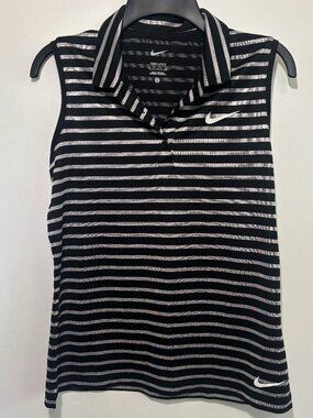 Nike Dri-Fit Sleeveless Polo Small Black White Striped Golf Top
